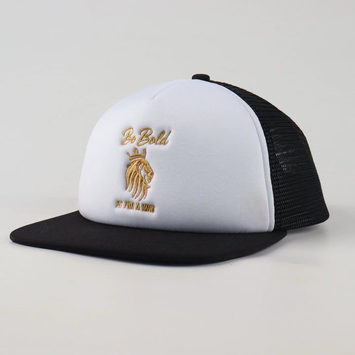 Be Bold King Trucker Hat – Black & White (Gold Crest)